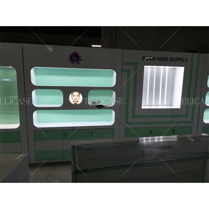 2025customized.Custom Nail Polish display cabinets with LED light cosmetic beauty store wooden wall showcase design nail shop fu