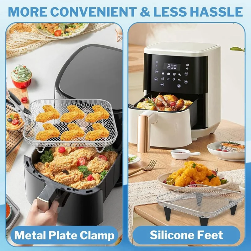 NEW-Air Fryer Accessories With Foot Cover 8Inch Square 3 Stackable Dehydrator Racks For Ninja Gowise 5.8 QT Air Fryer Racks