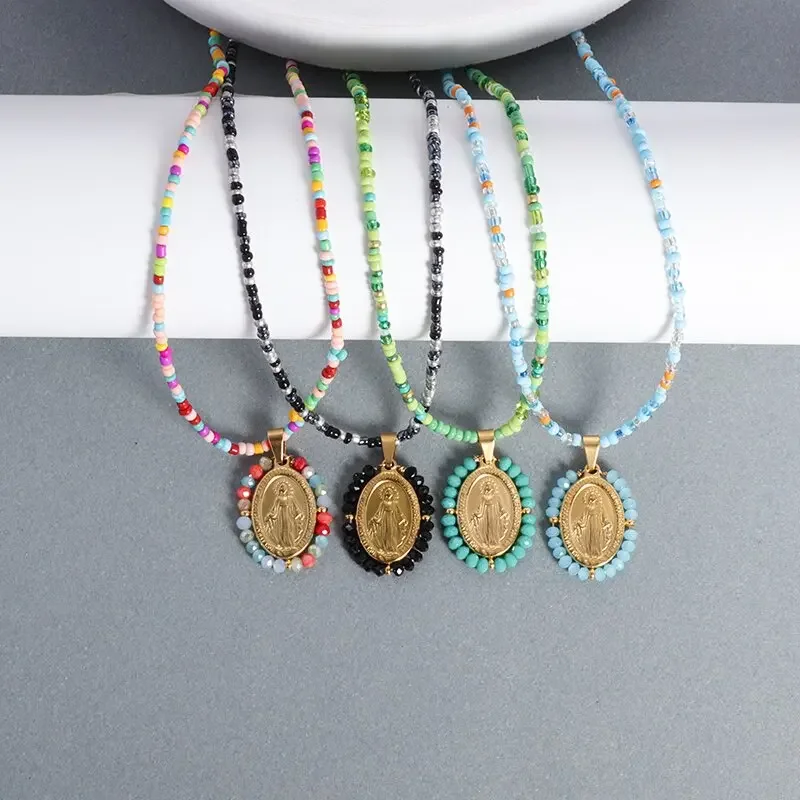 Fashionable and Beautiful Virgin Mary Pendant Beaded Necklace for Men Women Catholic Amulet Prayer Pop Jewelry