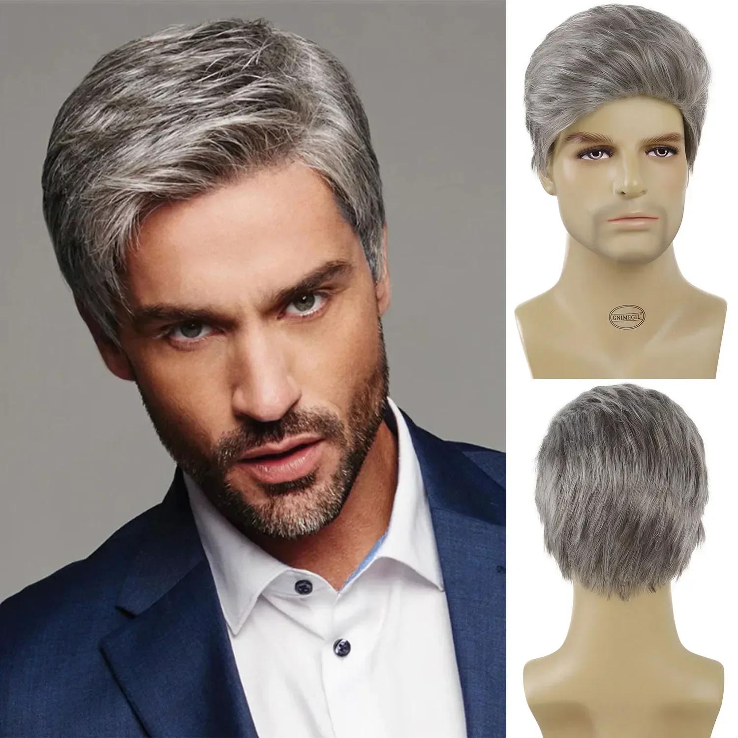 Mixed Gray Wig for Men Synthetic Hair Short Haircuts Natural Wigs Male Heat Resistant Fiber Cosplay Wig Costume Halloween Wig