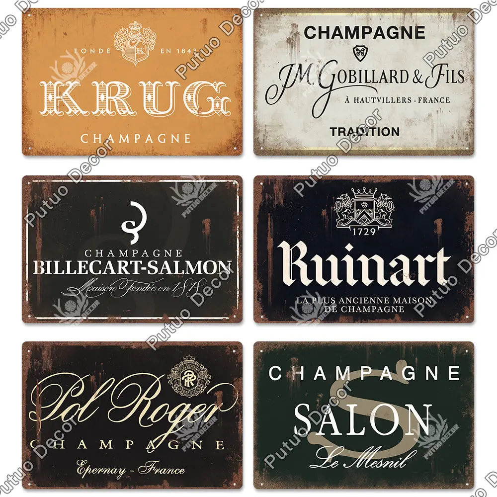 Putuo Decor Champagne Brand Metal Vintage Metal Sign Retro Tin Sign Wall Decor for Bar Pub Club  Man Cave Home Wall Decor