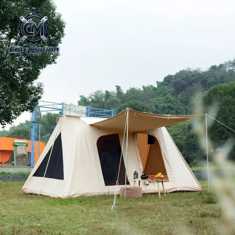 Outdoors Cotton Canvas Spring bar Flex Bow Tent Deluxe Camping Tent Living Room Glamping--tent