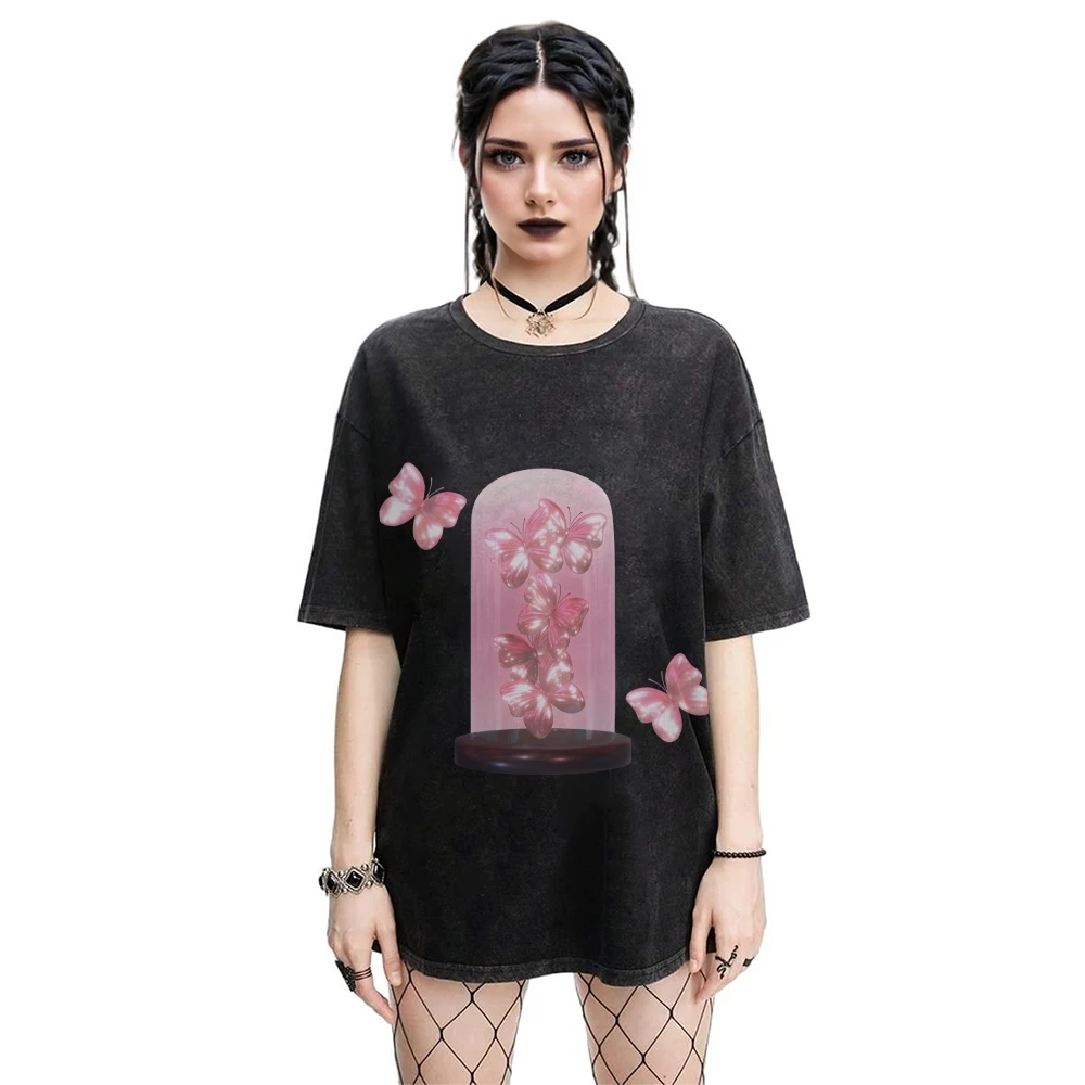 

Y2K Graphic T-Shirts Butterfly Jar Tee 100% Cotton High-Quality Oversize Washed Tee Pink Butterflies Whimsical Y2K Vibe