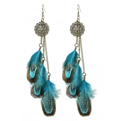 Bohemian Feather Earrings For Women Vintage Retro Ethnic Hollow Geometric Round Handmade Chain Long Earings Indian Party Jewelry