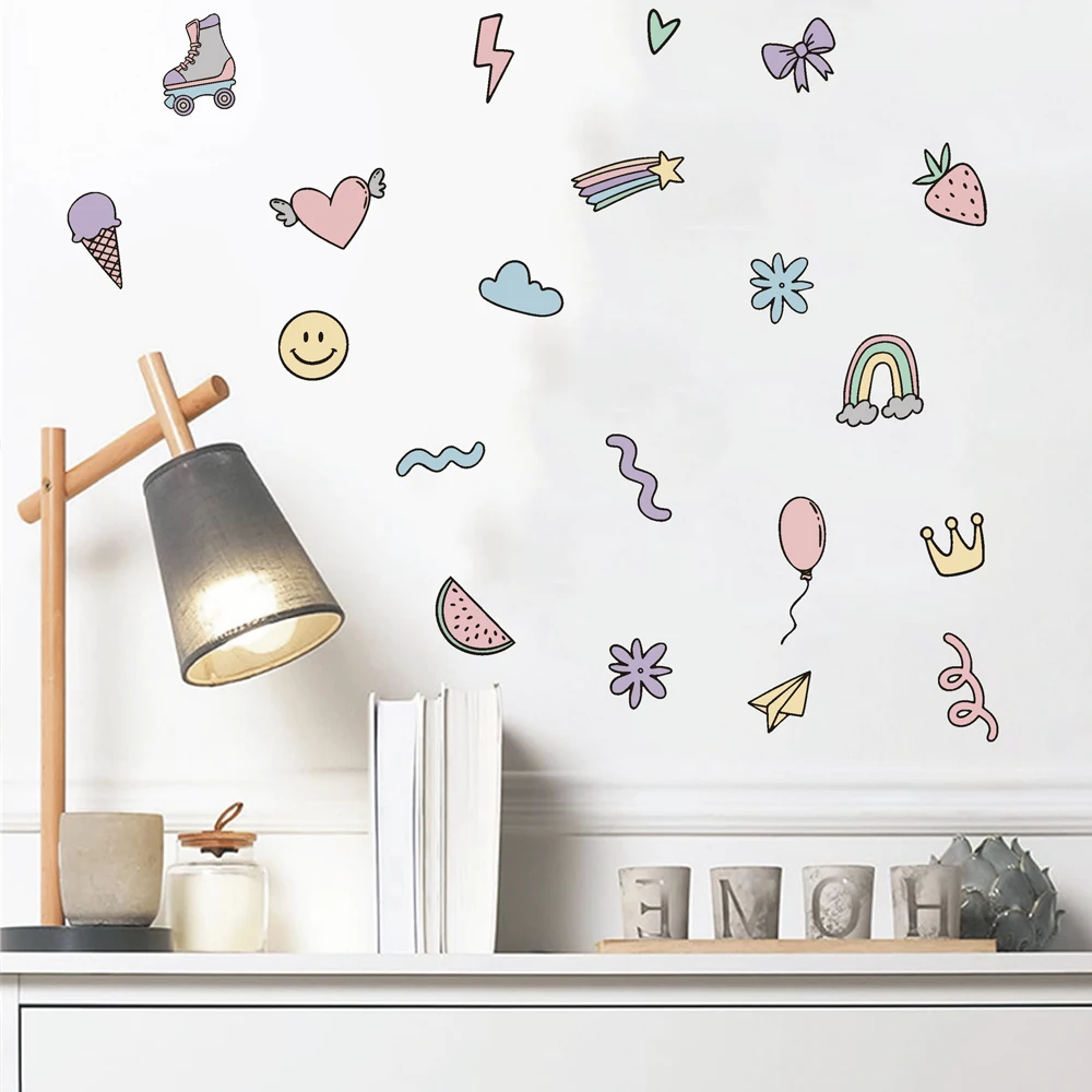 Colorful Stars and Doodles Fabric Wall Stickers Skates Rainbows Hearts Wall Decals Bedroom Bathroom Living Room Home Wall Decor view 4