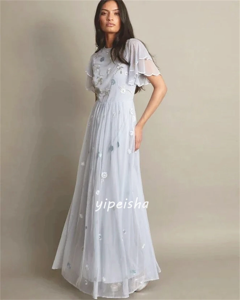 Customized Simple Chiffon Pattern Flower Ruffle Pleat Ruched A-line Scoop Neck Long Dresses Celebrity Dresses Chinese Style Eleg