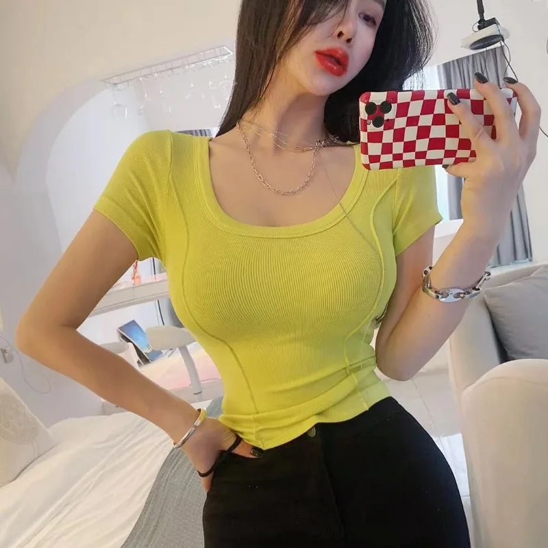 

Сексуальный облегающий летний топ-футболка для женщин, корейский стиль, для повседневной носки, молодежный узор