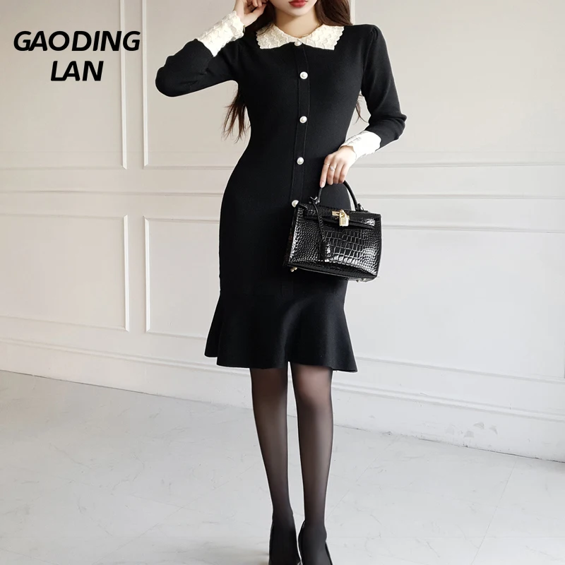 

GAODINGLAN Autumn Winter Spliced Contrasting Doll Collar Long Sleeve Women Dress Slim Waist Knitted Fishtail Hip Wrap Dresses