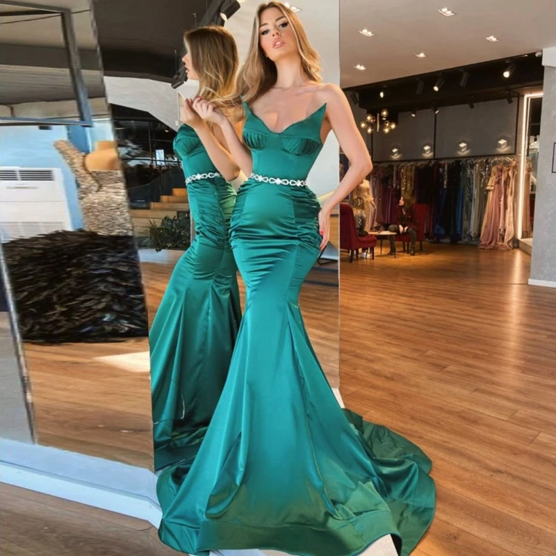 

Атласное платье без бретелек, элегантные длинные вечерние платья 2022, зеленые платья-трубы, женское платье русалки с кристаллами, платье для выпускного без рукавов
