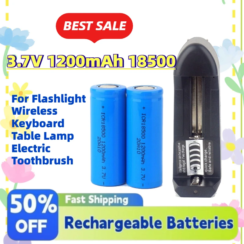 

New Upgrade 2PCS 3.7V 1200mAh 18500 Li-ion Battery + Charger for Flashlight Wireless Keyboard Table Lamp Electric Toothbrush
