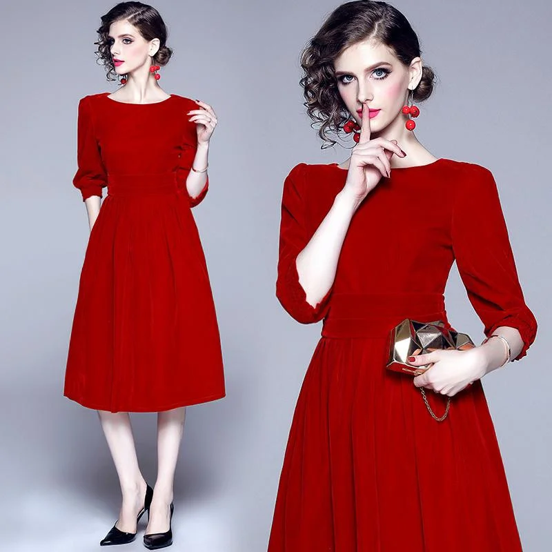 Elegant Occident Tunic All Match Pleated Skirts For Autumn High Class Chinese Red Color Trendy Office Lady A-line Vestidos