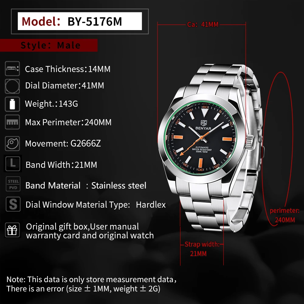 BENYAR Elegant Generous 41mm Men's Automatic Mechanical Watch Luxurious Taste Stainless Steel Hardlex Luminous Waterproof Watch - view 6