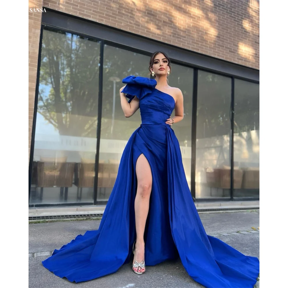 Sansa Blue One Shoulder Oversized Bow Prom Dress Trumpet Side High Split Customized Party Dress Court Train Evening Dresses