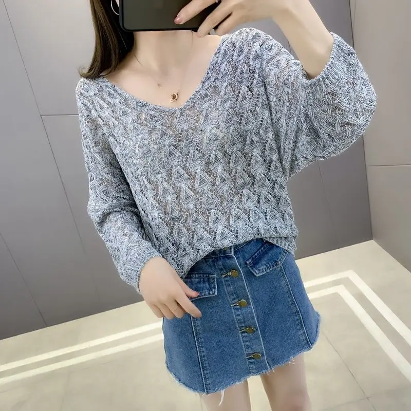 Women Trendy Hollow V Neck Casual Streetwear Knitted Sweaters Spring Autumn Female Solid Long Sleeve Loose Pullover Tops Jumpers