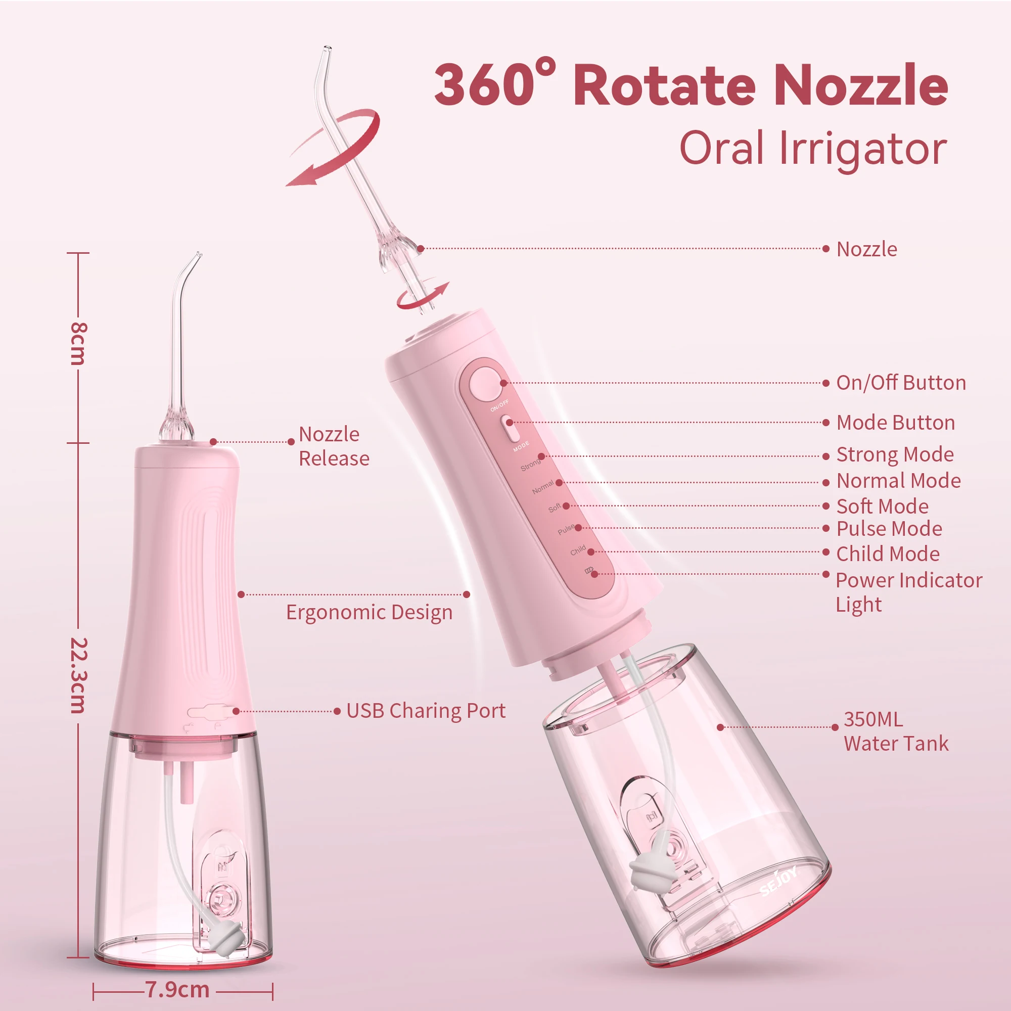 Sejoy جهاز تنظيف الأسنان بالماء عن طريق الفم الري قابلة للشحن المحمولة 5 طرق خزان المياه للأسنان 350 مللي مقاوم للماء منظف الأسنان