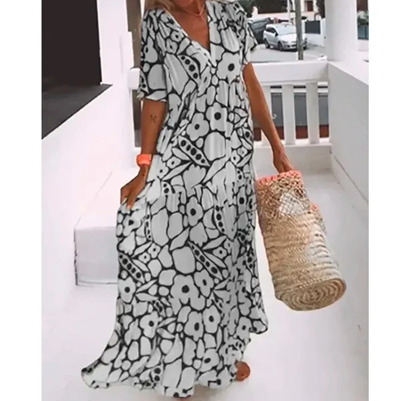 Summer Women\'s Casual Printed Dresses Fashion V-Neck Short Sleeve Floral Long Dresses Seaside Holiday Beach Sundress S-3XL