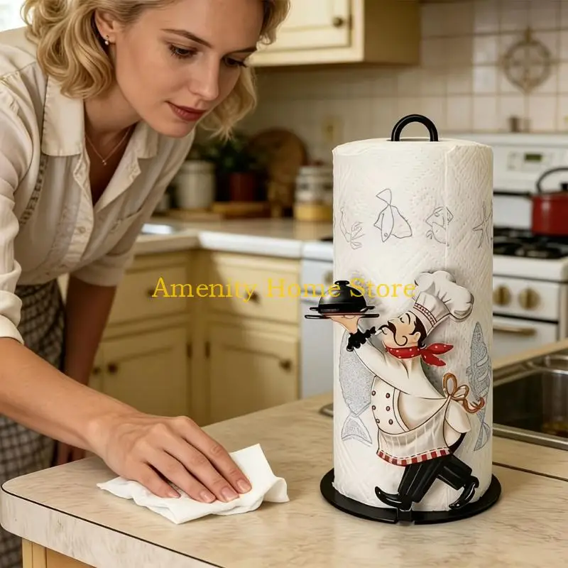 F26C Paper Towel Stand for Kitchen Countertop, Cook Character Tissue Roll Holder with Vertical Frame, Round Base, and