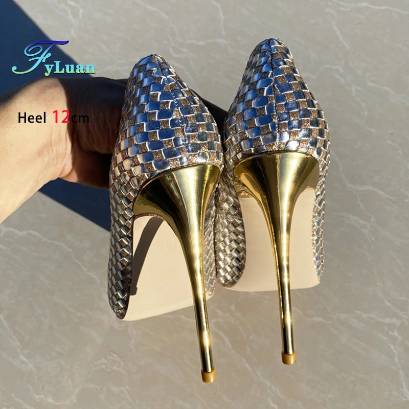 

Elegant Women Shoes Fashion Weave High Heels 8-12CM Gold Single Shoes Female Pointed Stiletto Shiny Sequin Pumps Plus Size 34-45