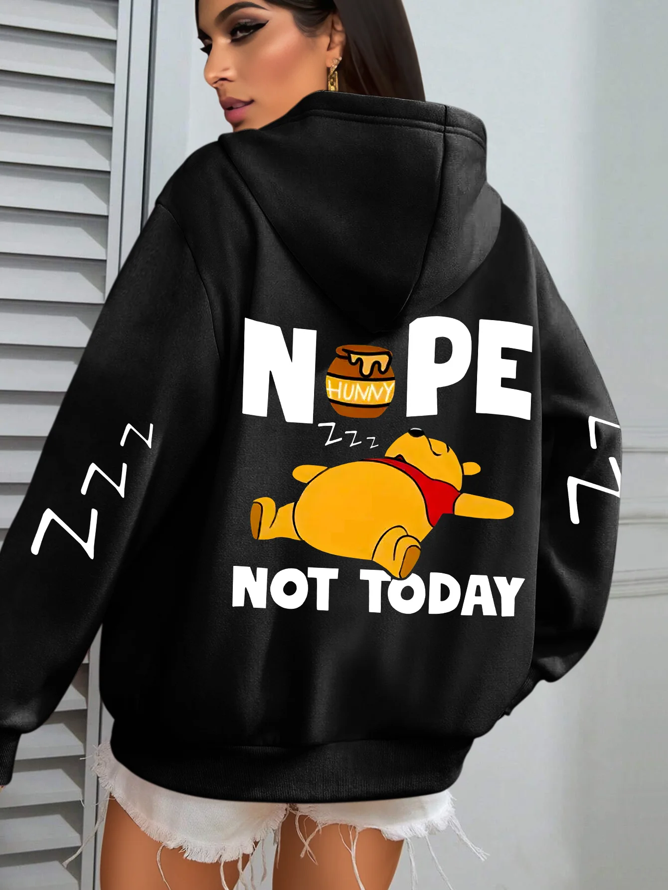 Disney winnie the pooh feminino padrão outono e inverno velo moletom com capuz unisex streetwear oversized solto casual