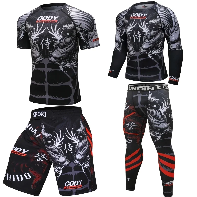 MMA Tracksuit Compression Shirt Pants Shorts Running Set Men Muay Thai Boxing Rashguard Fitness Workout Sportswear Gym  Clothing