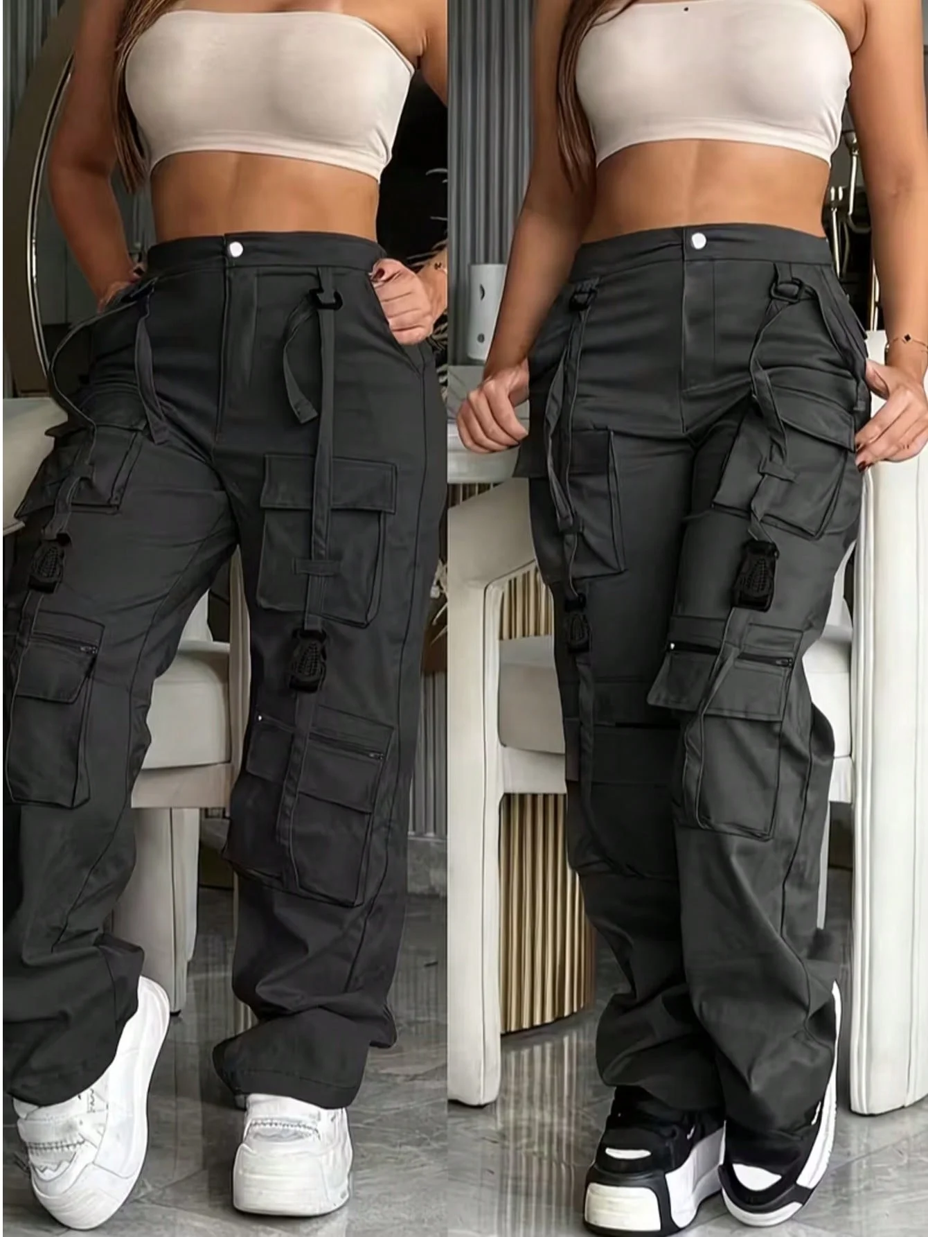 Women's Summer Y2K Low-Rise Cargo Pants with Buckles and Multiple Pockets – Streetwear Retro Style