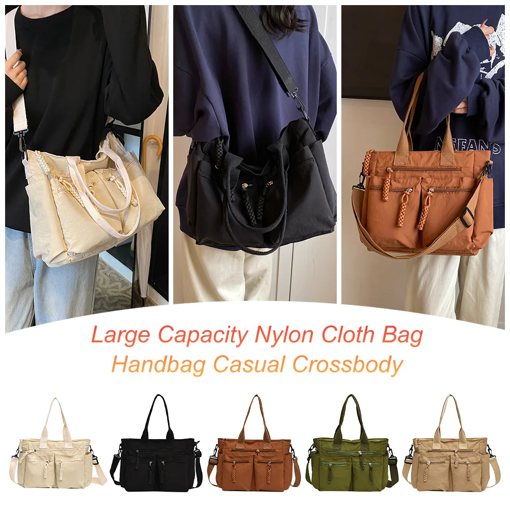 حقيبة كتف نسائية من النايلون مع جيوب متعددة مع سحاب بلون سادة، حقيبة حمل للعمل أثناء السفر #4