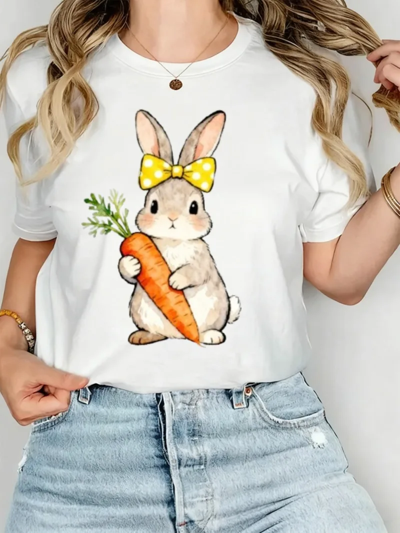 

Женский свободный хлопковый топ с круглым вырезом и принтом, белые короткие рукава, кролик держит морковку, подходит для весенне-летнего стиля