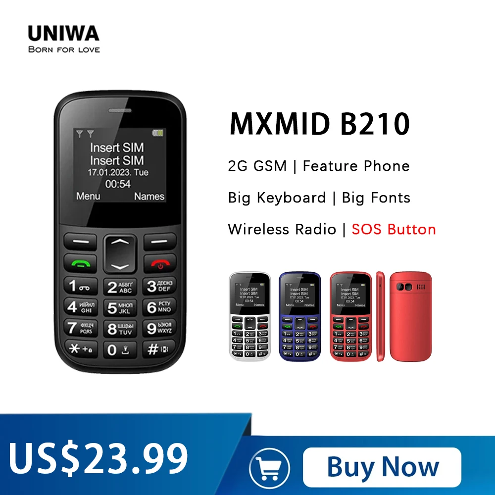 UNIWA-Dual Sim Feature Phone, rádio sem fio, teclado grande, SOS, telefone celular sênior para idosos, Inglês, russo, árabe, telefones 2G, B210