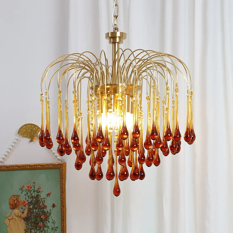 

American style retro light luxury water drop pendant light, internet red snot crystal cloakroom master bedroom light