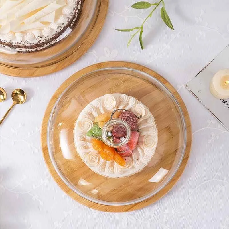 

Transparent Glass Cake Plate with Lid Bamboo Wood Tray ternoon Tea Bread Tasting Plate Dert Fruit Tray Simple Sle