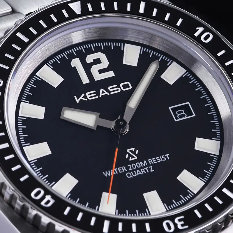 Keaso relógio de quartzo masculino, moldura de cerâmica ronda507, movimento de quartzo 200m, à prova d'água c3, safira luminosa, aço 316l, relógio de mergulho para homens