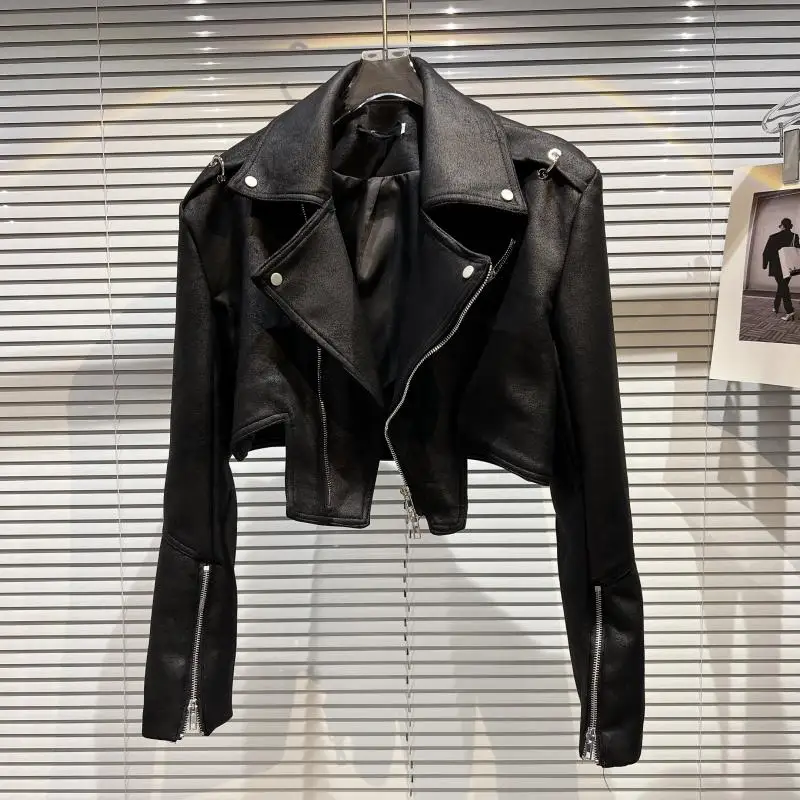 Faionable Streetwear Sle Jaet in pelle PU con colletto grande Texture moto Chiusura con cerniera Cappotto lungo slim fit Sve