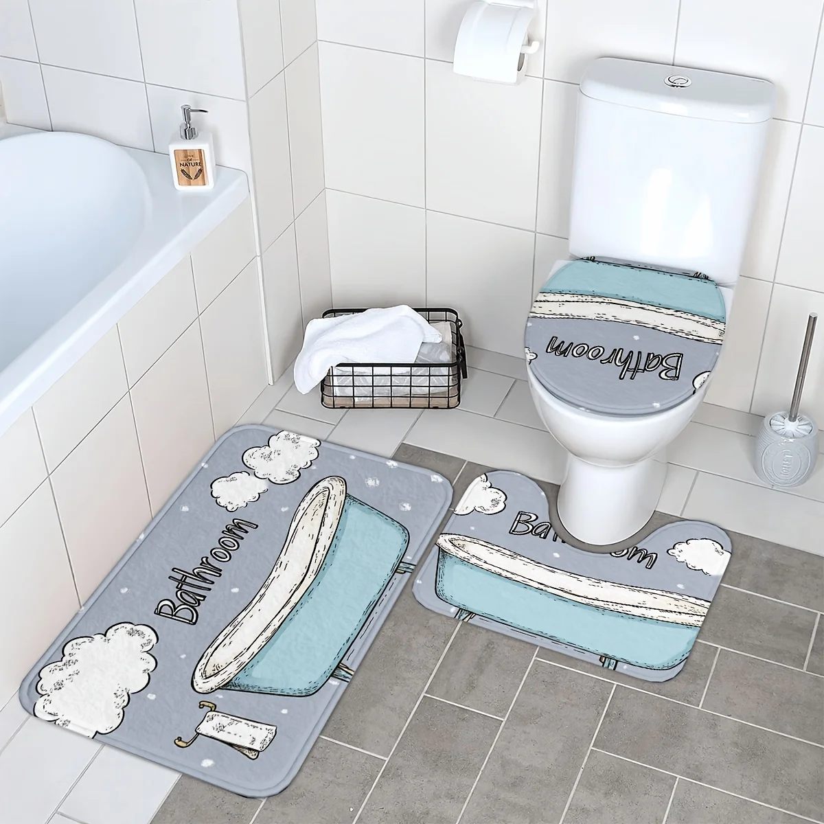 

１pc The bathroom set includes a toilet seat cover and a set of non-slip mats and U-shaped mats printed with the word "Bathroom".