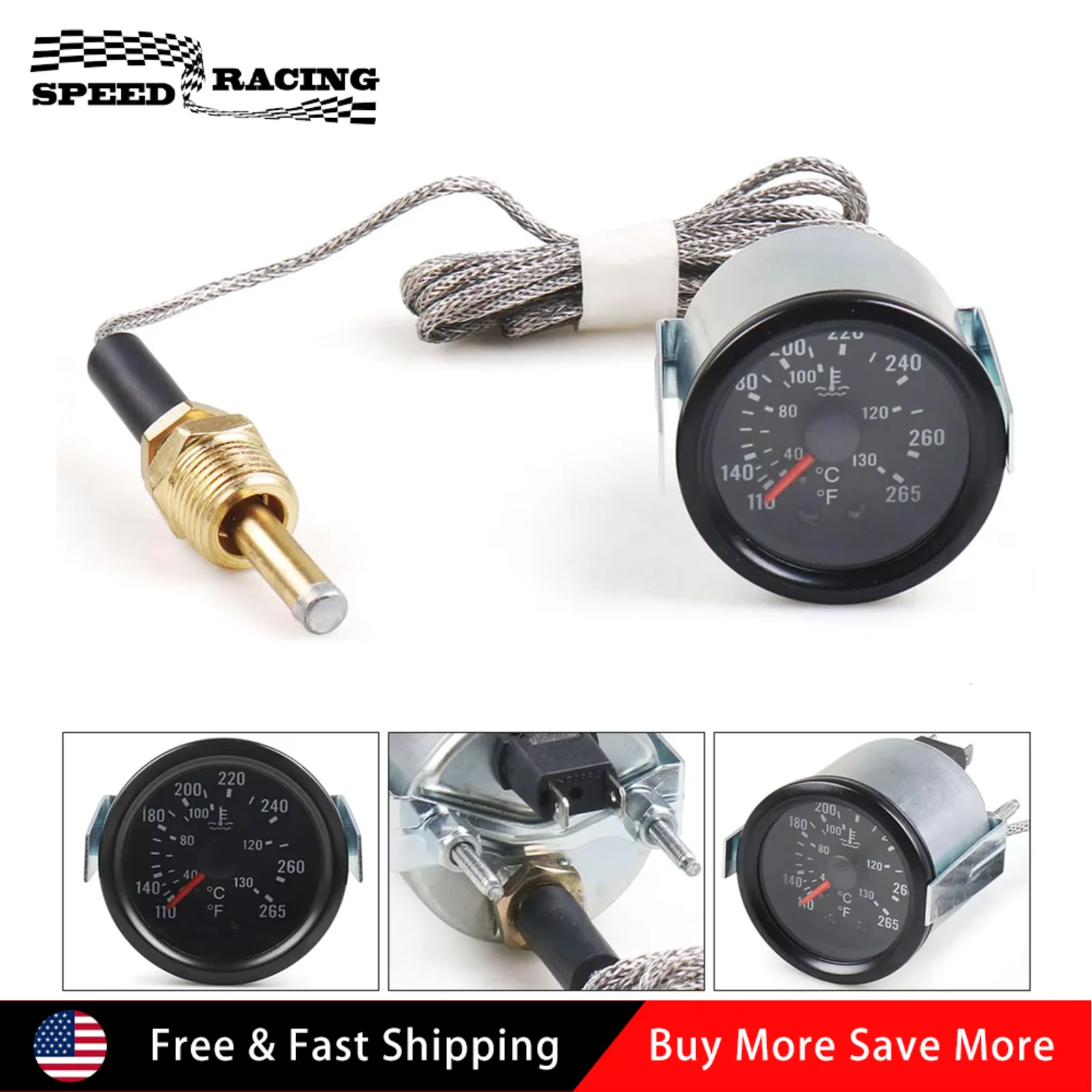 High Quality Durable 2'' 52mm Metal Chrome Pointer Water Temp Temperature Gauge Mechanical For Most 12V Vehicles Black FPR-1029A