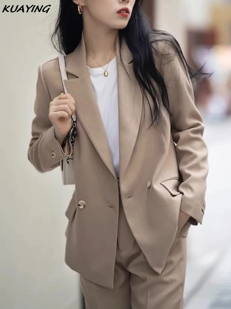 Fashion Women Elegant Solid Pantsuits Casual Vintage Chic Blazer Jackets Straight Pants Two Pieces Set Female Formal Outfits