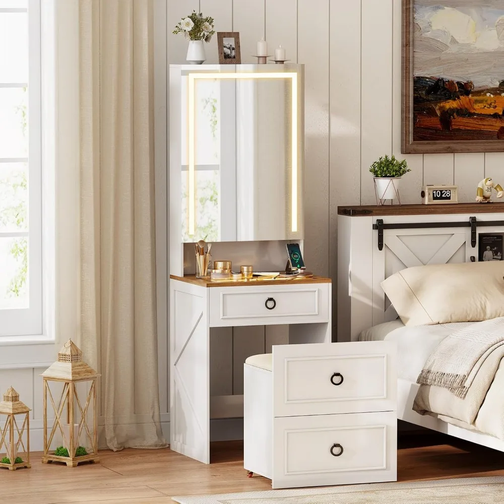 

Small Vanity Desk with Mirror and Lights,Makeup Vanity Desk Set with Charging Station & Glass Top,Compact Dressing, Customized