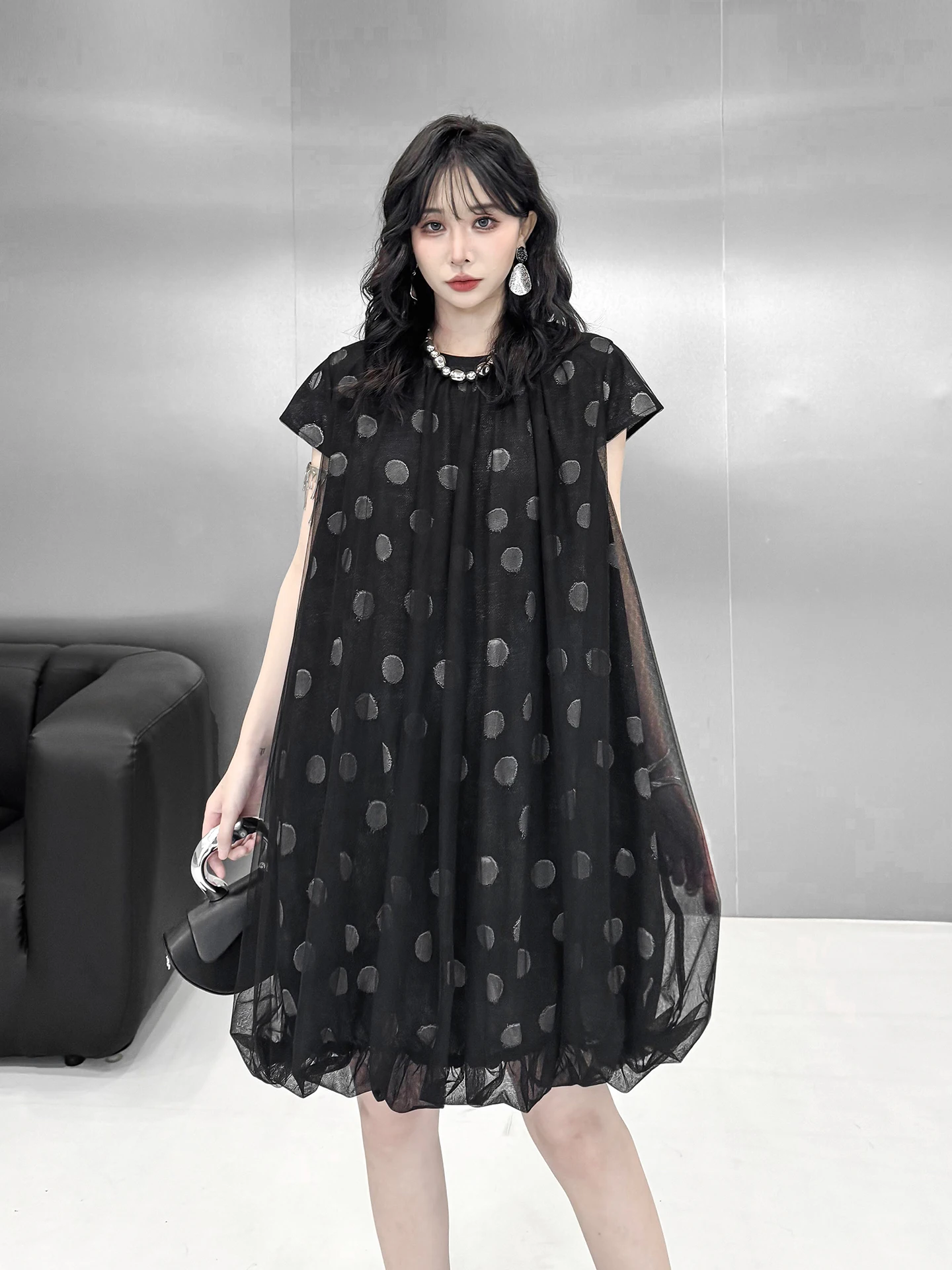 

Elegant Black Polka Dot Dress Short Sleeve Loose Mesh Splicing Anti-Aging Flower Bud Skirt City Commute Suitable Women's Dress