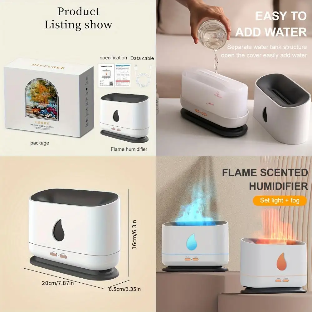 Увлажнитель для ароматерапии с пламенем DQ701 — питание от USB, идеально подходит для небольших помещений, резервуар для воды на 16,91 унции, уровень шума 36 дБ, автоматическое отключение, меха