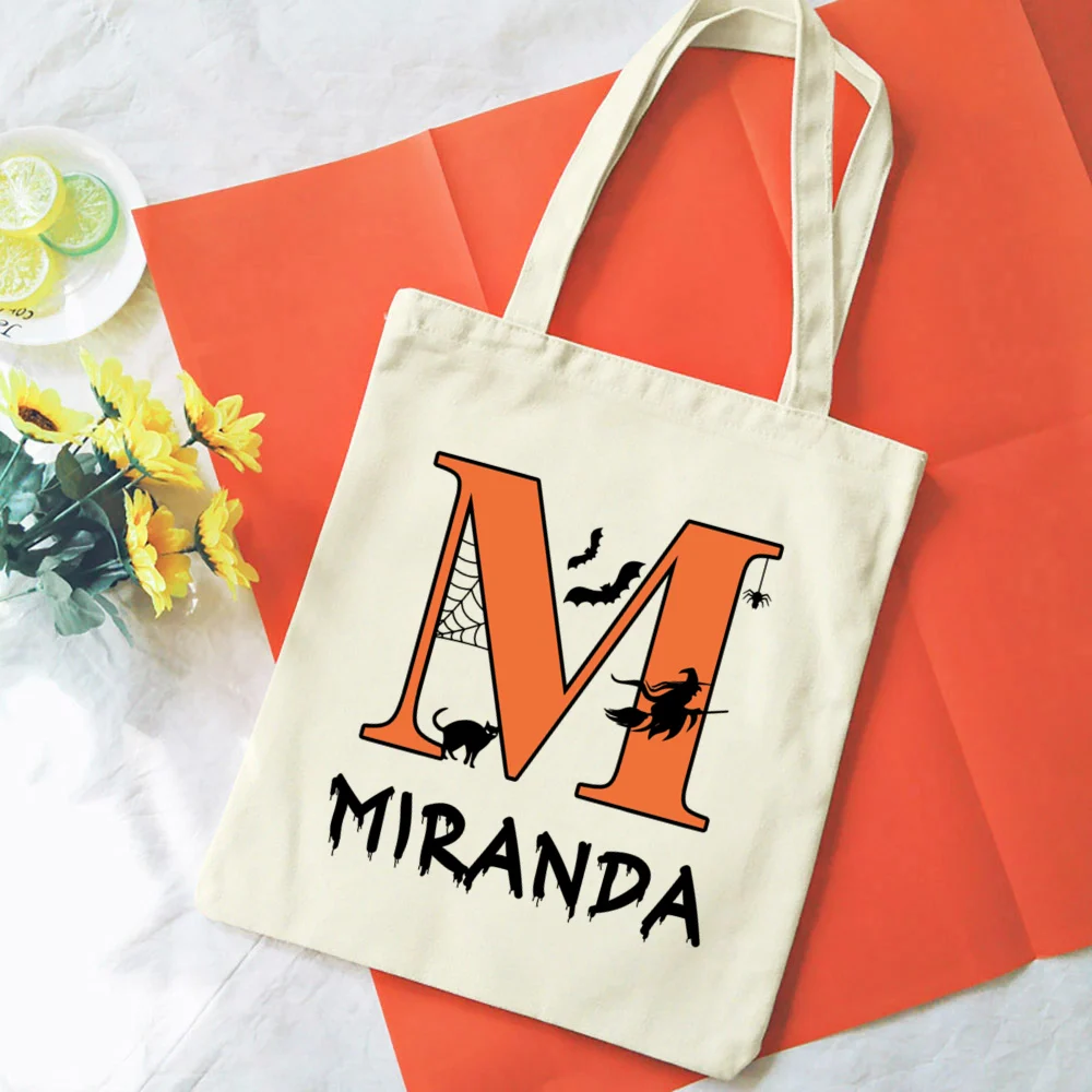 Personalized Halloween Tote Bag Letter with Name Halloween Party Trick or Treat Bag Child Candy Bags Fall Holiday Gift for Child