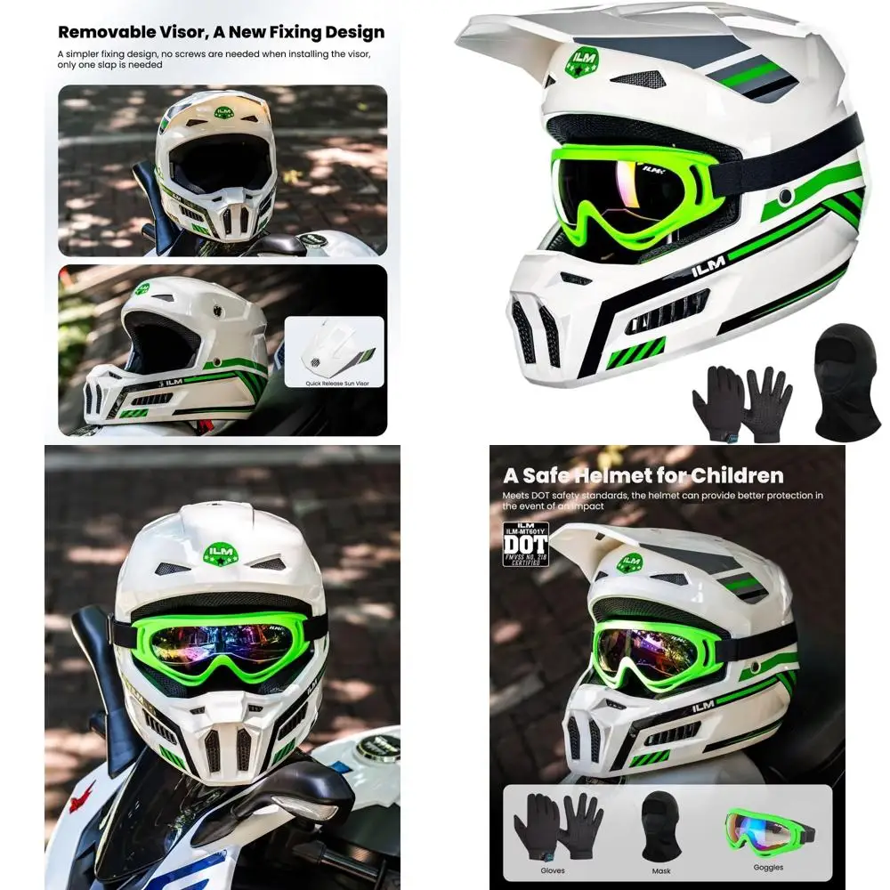 

Youth Dirt Bike Helmet with Goggles, Gloves, and Mask for Kids ATV, BMX, and Off-Road Riding - DOT Certified (Spacewalk Green, Y