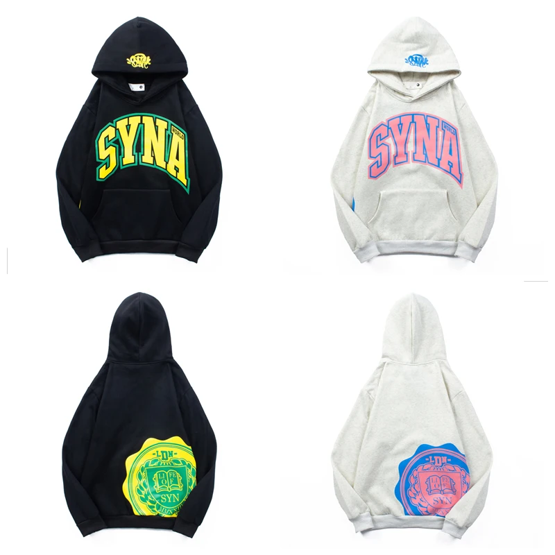 Synaworld Hoodies Drill Style American Street Hip Hop Badge Print Loose Fleece Hoodie Women\'s Men\'s Tracksuit Sweatshirts