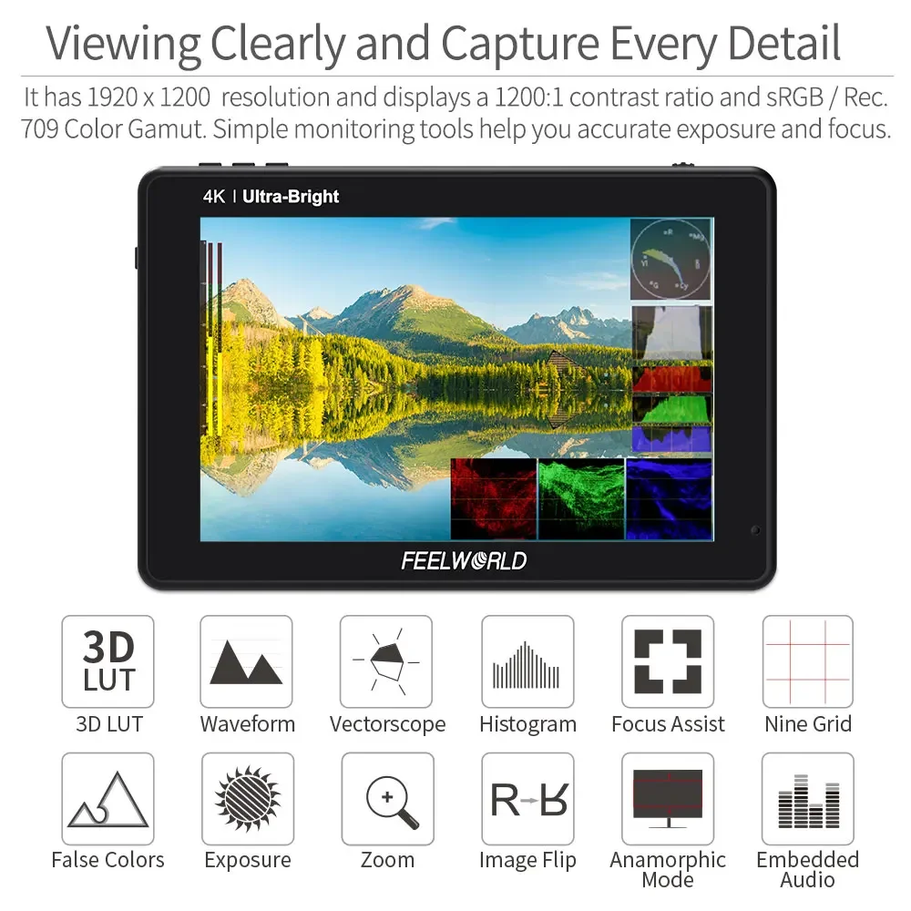 FEELWORLD LUT7 PRO 7 Inch 2200nits 3DLUT Touch Screen DSLR Camera Field Director AC Monitor with F970 External Power Install Kit