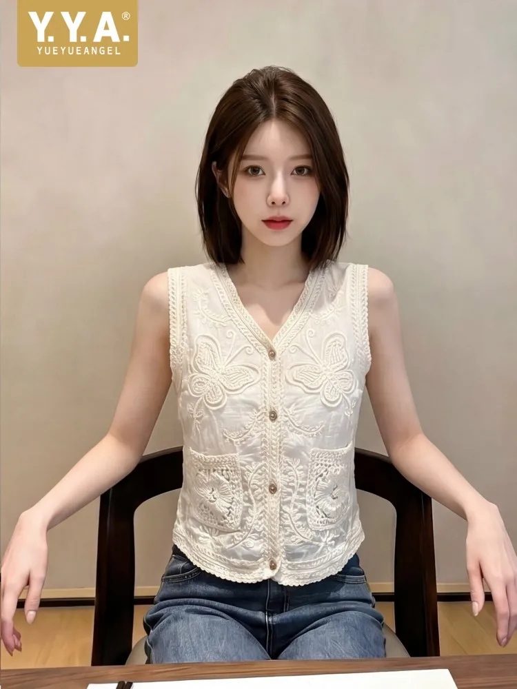 Sommer Damen Ärmelloses Top mit Häkelblumenmuster und Spitzenbesatz, Süßes V-Ausschnitt-Shirt im Koreanischen Stil mit Tasche und Einzelknopfleiste