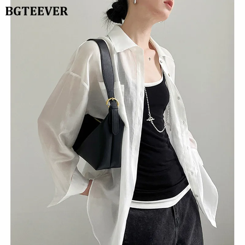 BGTEEVER Summer Loose Single-breasted Female Shirts Long Sleeve Turn-down Collar Pockets Ladies Blouses Tops