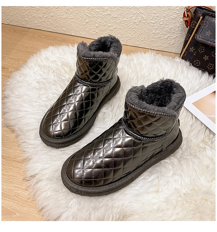 Winter High-quality PU Women's Boots Low-top Warm Thick-soled Snow Boots Flat-soled Cotton Shoes Fur Integrated Short Boots