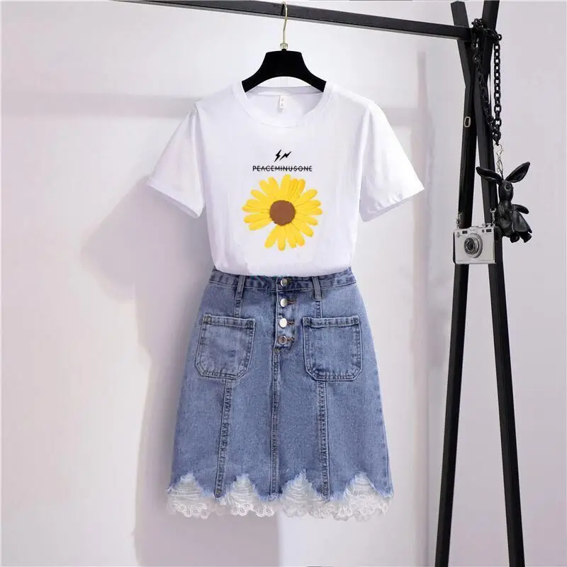 Korean Letter Printing Chrysanthemum Short-sleeved T-shirt Lace Denim Skirt Two-piece Elegant Women\'s Pants Set Summer Outfits