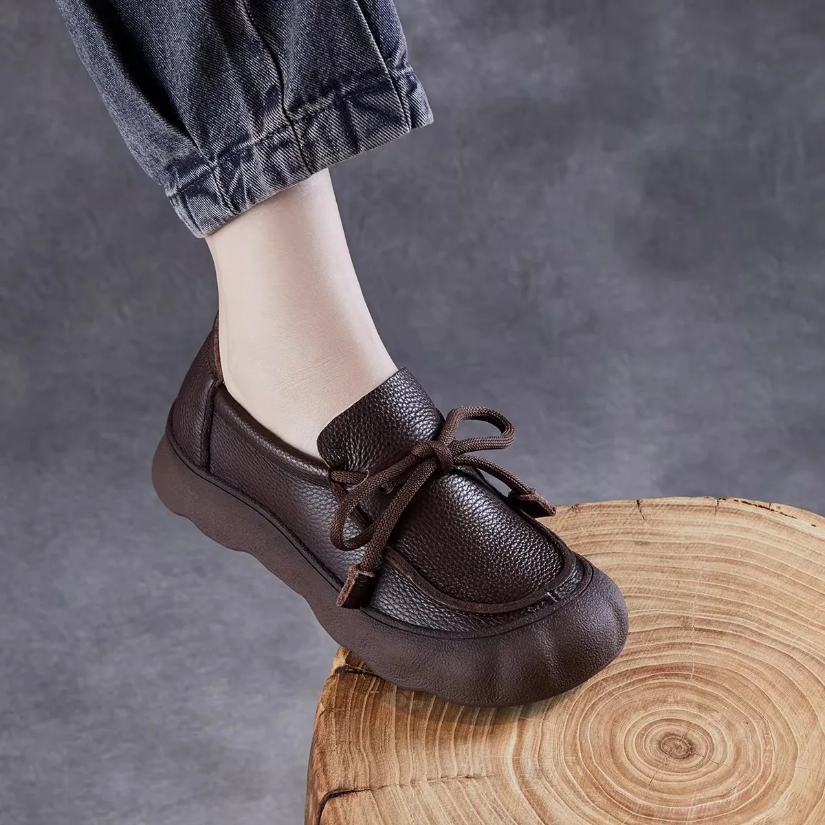 

Handmade Casual Shoes Women's Soft Bottom Flat Laced Forest System Single Shoes Retro Style Leather New Model Breathable Wear...