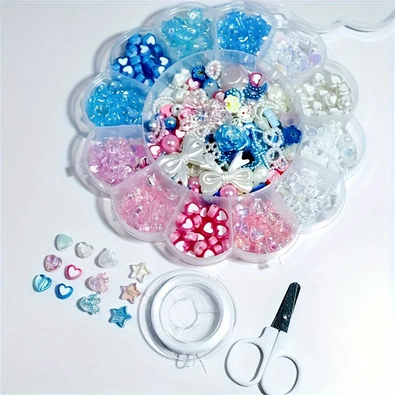 

13 grid plum blossom plate, pink blue white acrylic beads, DIY、 Necklace, jewelry, jewelry making set