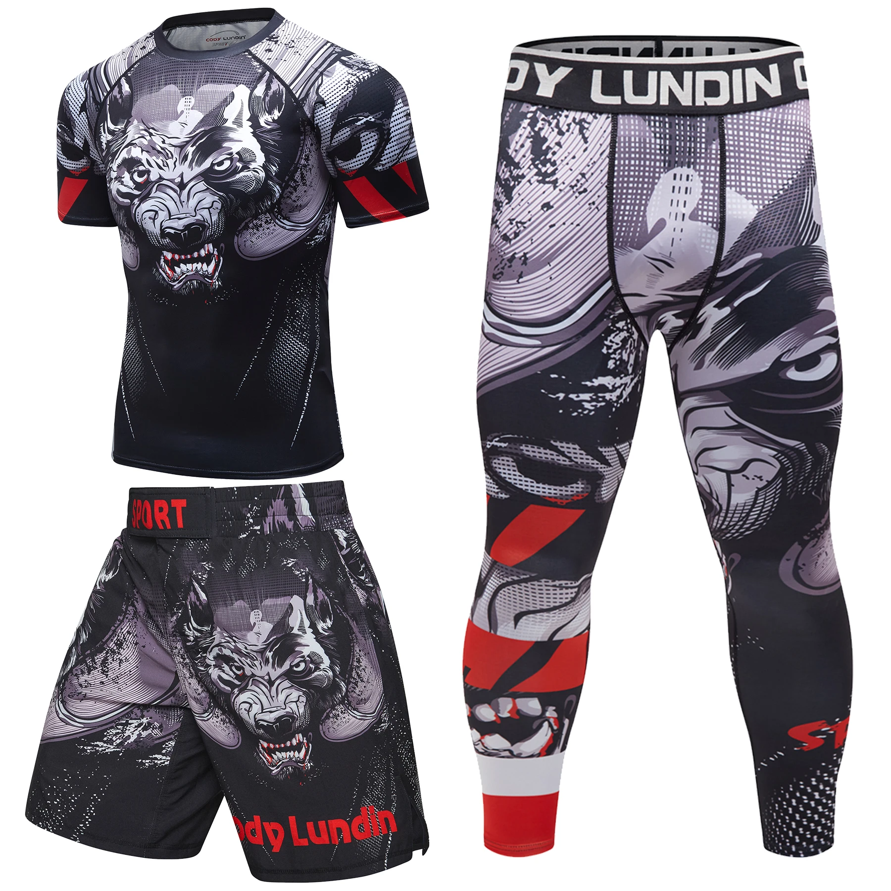 Gorąca sprzedaż Zestawy treningowe do boksu Wolf Print Mma BJJ Rashguard Jiu jitsu T-shirt + Spodenki Muay Thai Męski kompresyjny kombinezon sportowy