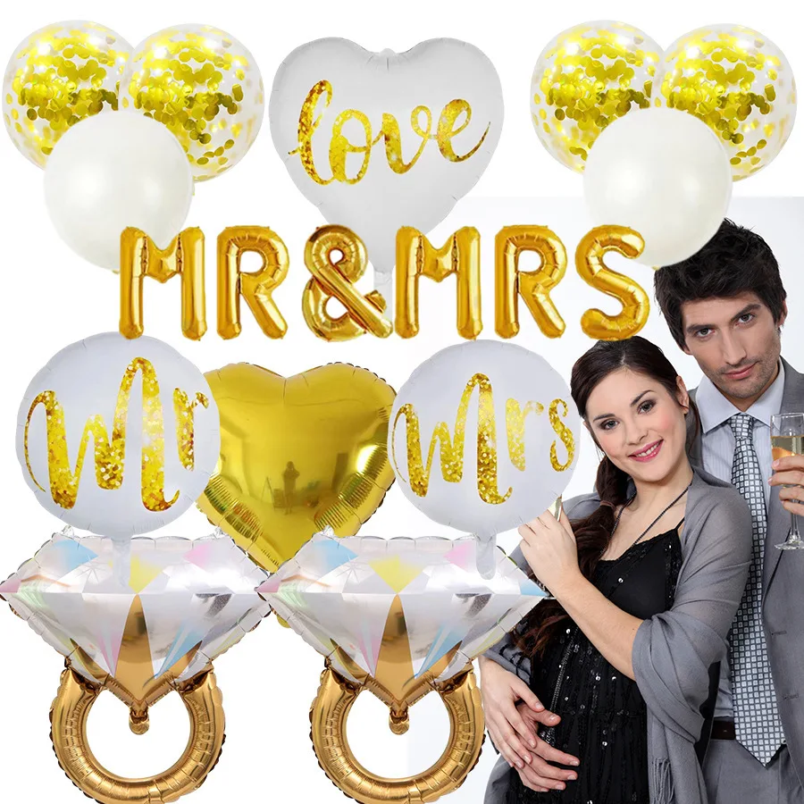 MR & MRS-globo de película de aluminio, anillo de diamante, globos de amor, decoraciones de boda para el Día de San Valentín, globos de boda para novia